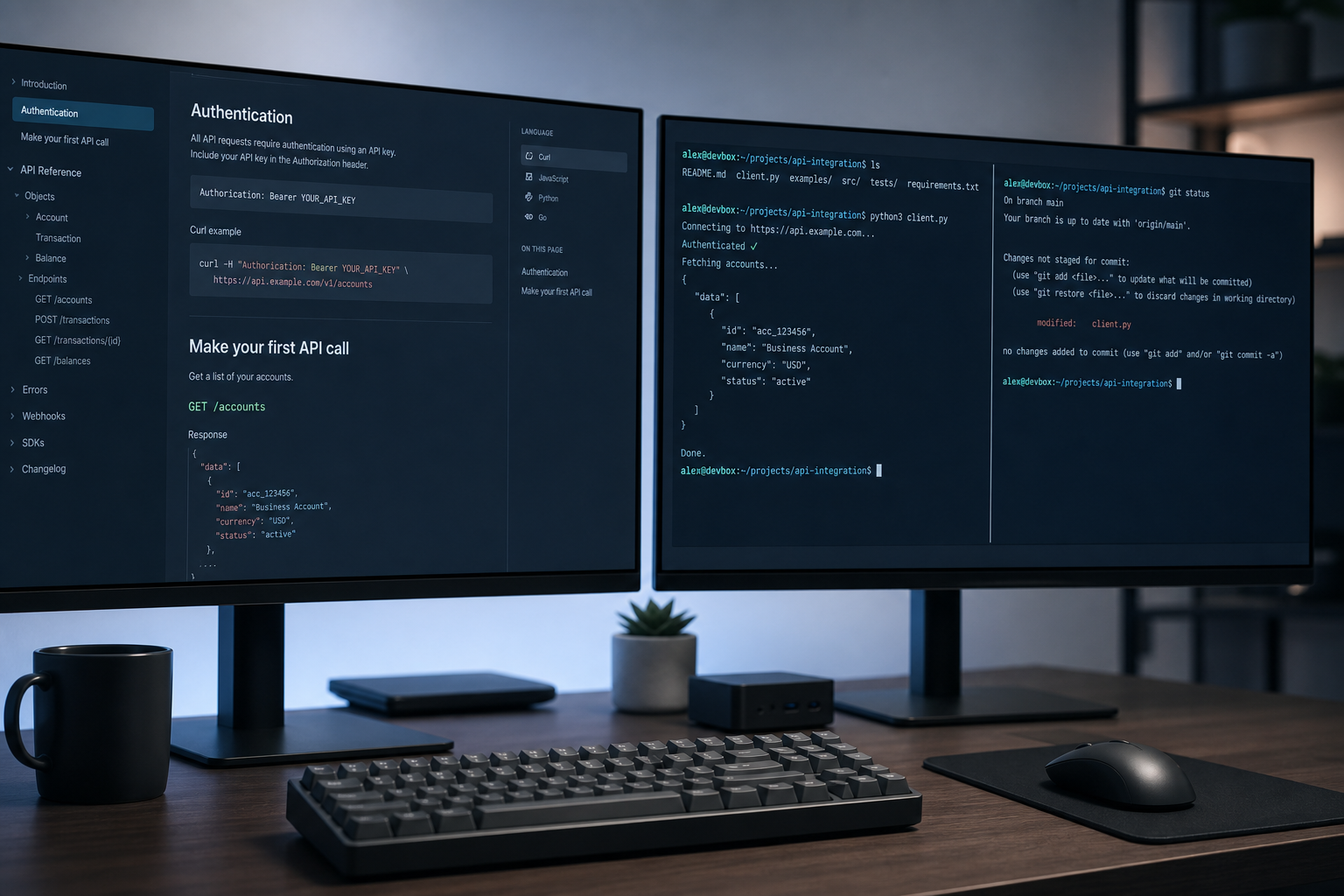 Developer workspace with API docs