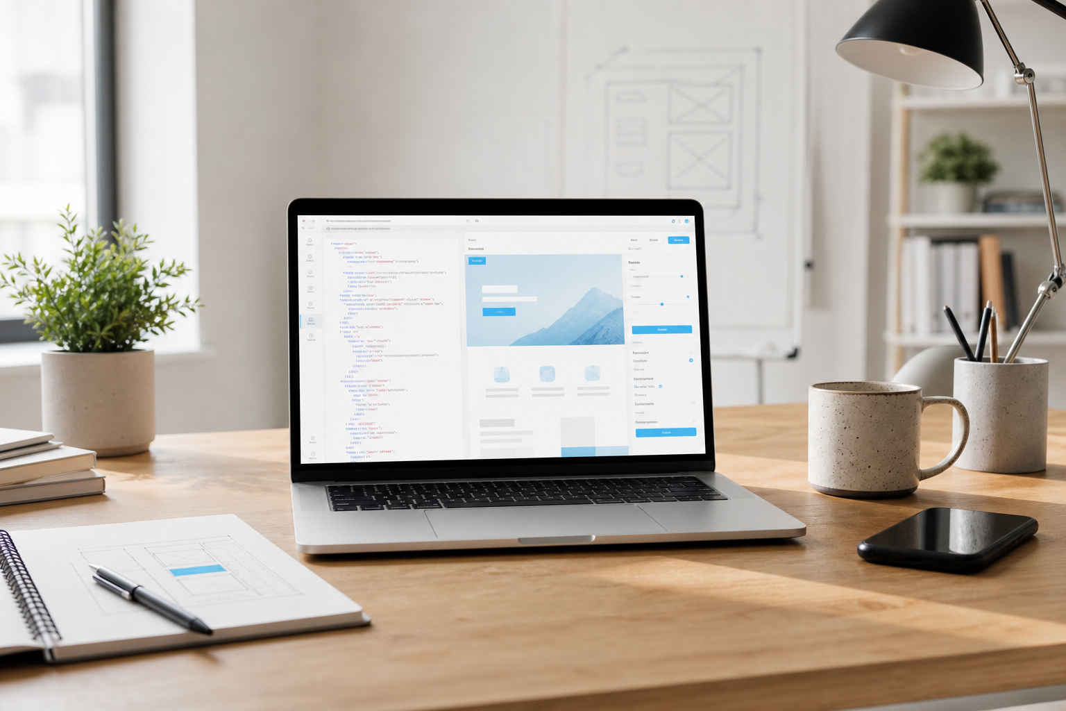 Developer laptop with page builder preview in a bright office