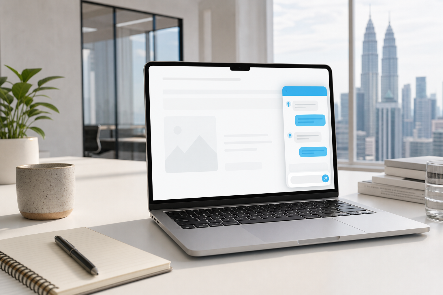 Website chat assistant on a laptop in a bright office